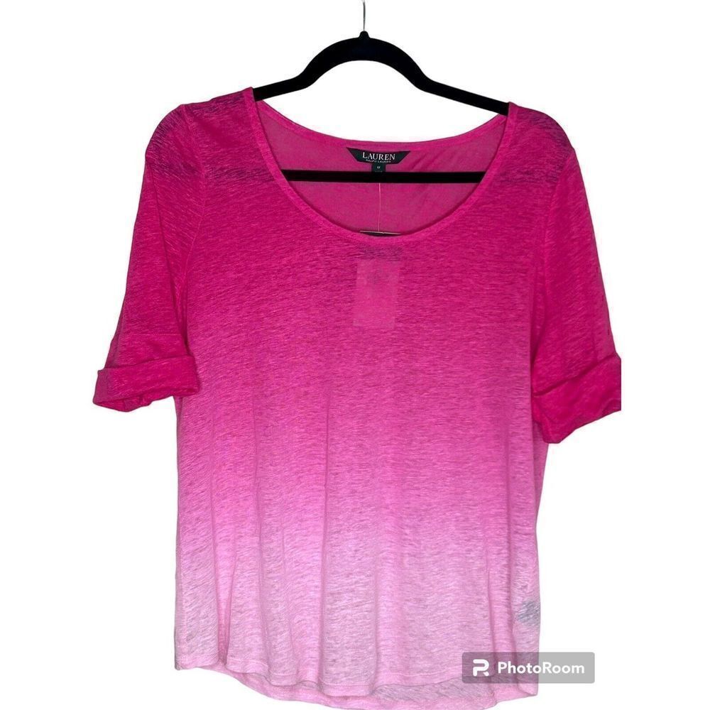 Lauren Ralph Lauren Womens 100% Linen Blouse Top Sz M Pink Ombré Short Sleeve